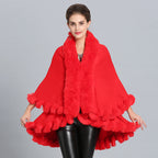 Women's Hooded Poncho with Luxurious Faux Fur Collar and Elegant Trim