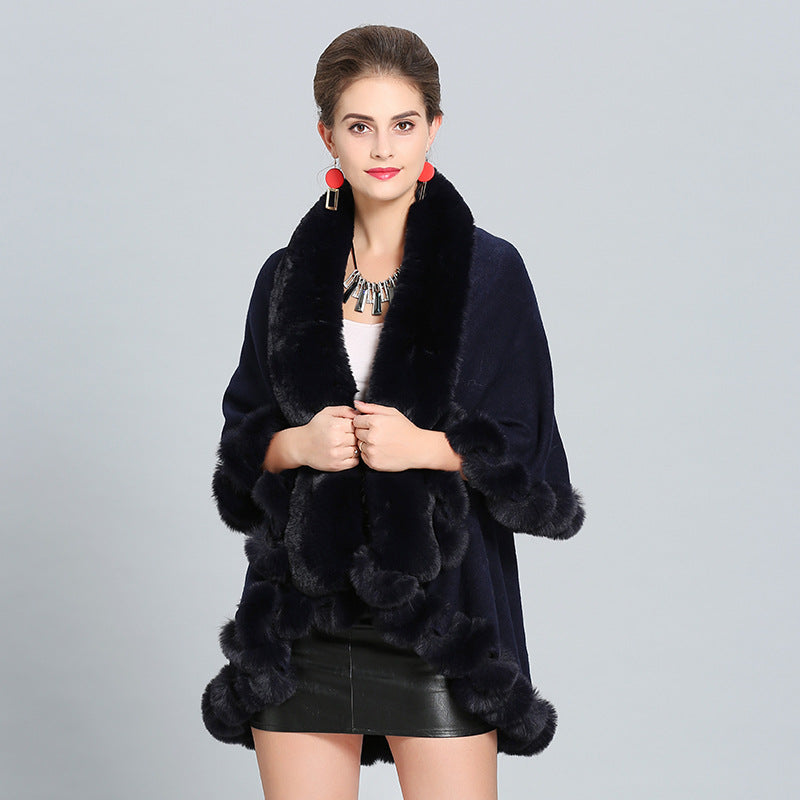 Women's Hooded Poncho with Luxurious Faux Fur Collar and Elegant Trim