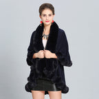 Women's Hooded Poncho with Luxurious Faux Fur Collar and Elegant Trim