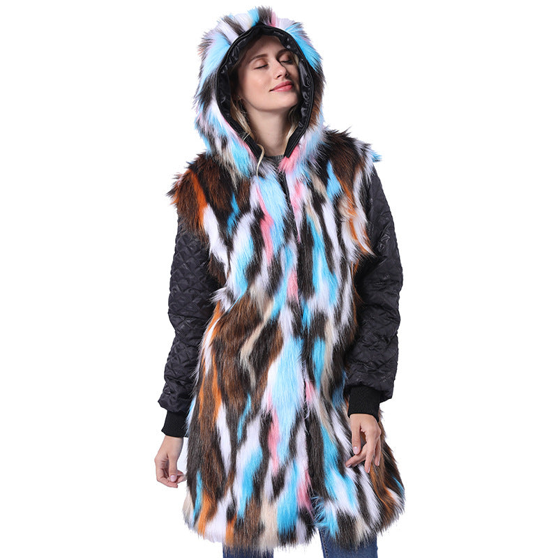 Women's Long Coat with Decorative Faux Fur Collar