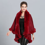Women's Hooded Poncho with Luxurious Faux Fur Collar and Elegant Trim