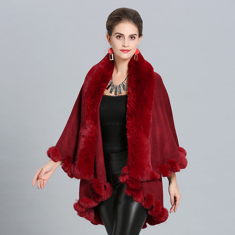 Women's Hooded Poncho with Luxurious Faux Fur Collar and Elegant Trim