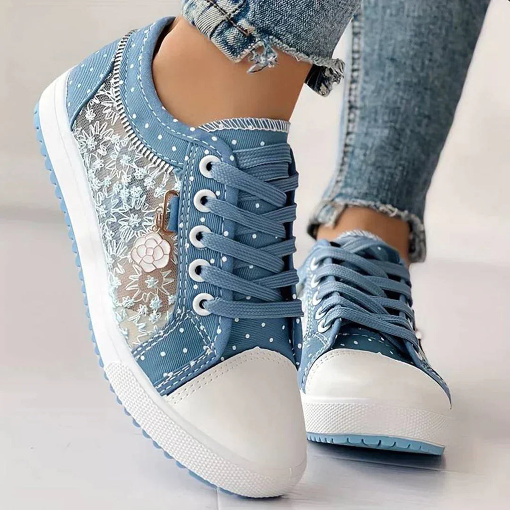 Breathable Women's Canvas Shoes with Floral Lace Trim - Celina