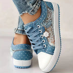 Breathable Women's Canvas Shoes with Floral Lace Trim - Celina