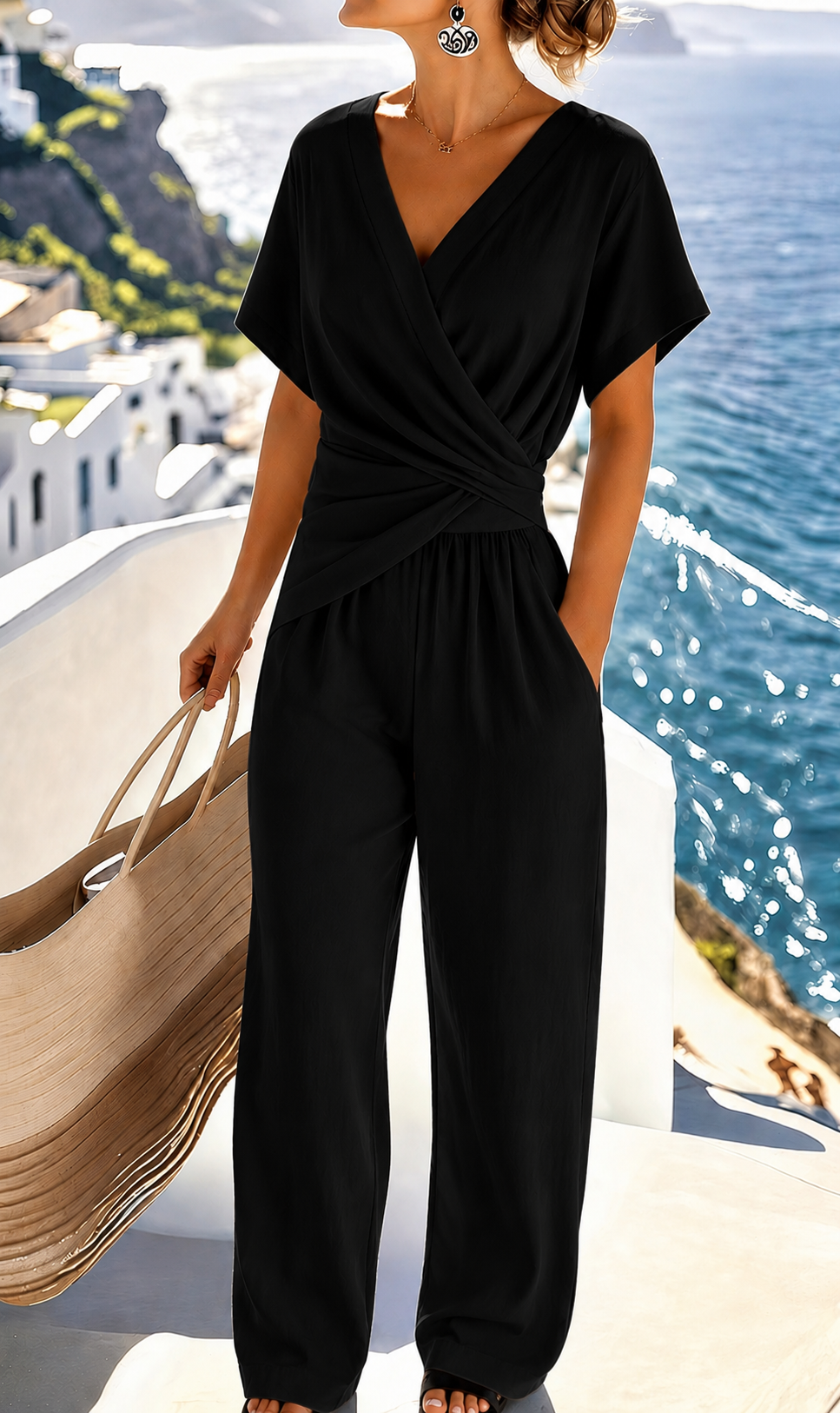 Women's Elegant Wrap-Look Two-Piece Set with Wide Legs