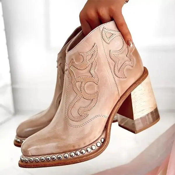 Embroidered Block Heel Boots with Side Zipper
