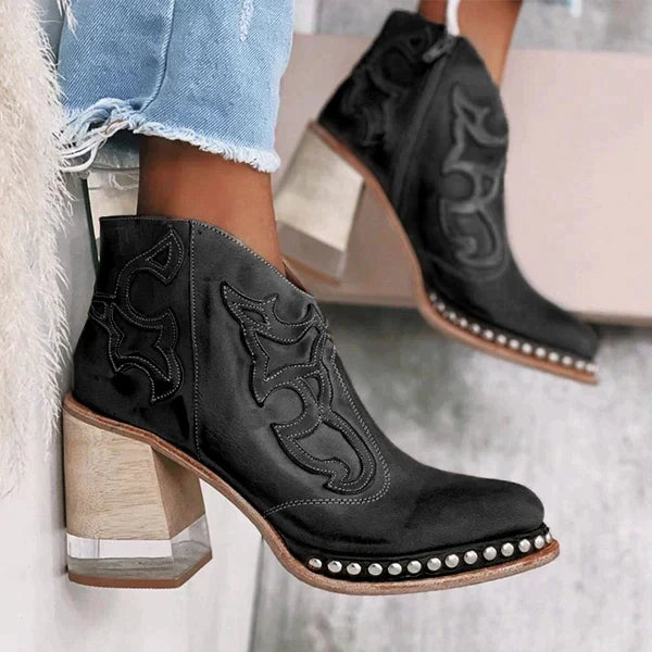 Embroidered Block Heel Boots with Side Zipper