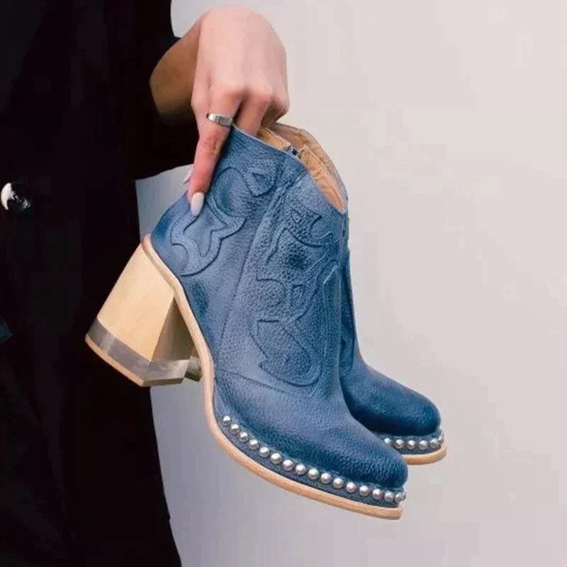 Embroidered Block Heel Boots with Side Zipper