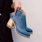 Embroidered Block Heel Boots with Side Zipper