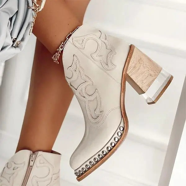 Embroidered Block Heel Boots with Side Zipper