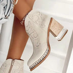 Embroidered Block Heel Boots with Side Zipper
