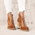 Embroidered Block Heel Boots with Side Zipper
