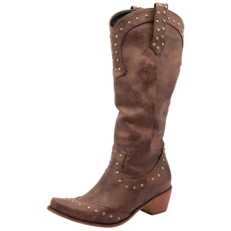 Women's Western Style Faux Leather Cowboy Boots with Pointed Toe and Decorative Studs