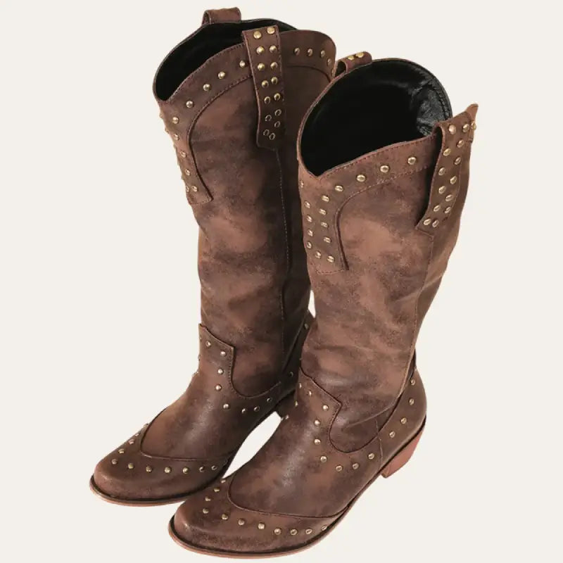 Women's Western Style Faux Leather Cowboy Boots with Pointed Toe and Decorative Studs