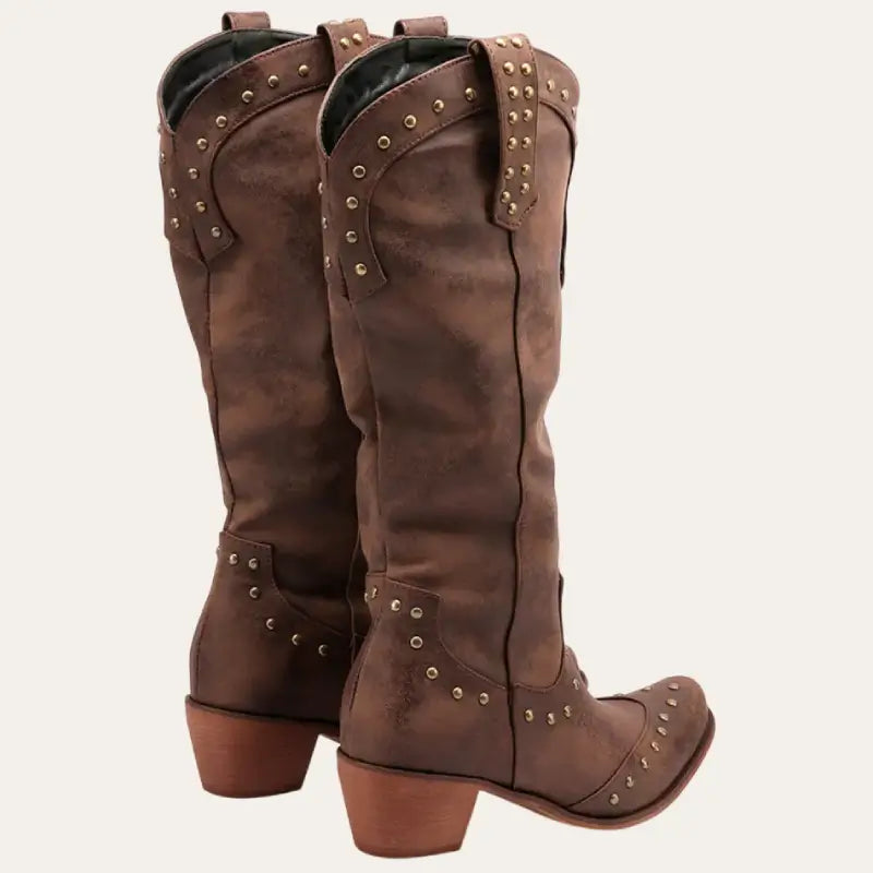 Women's Western Style Faux Leather Cowboy Boots with Pointed Toe and Decorative Studs