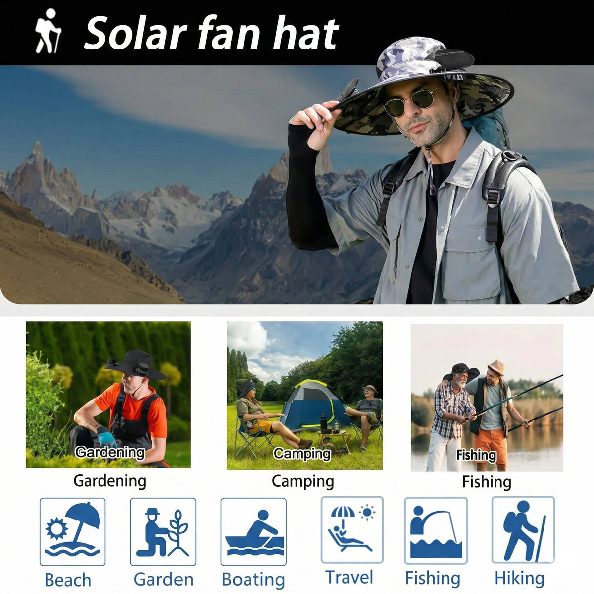 Outdoor Wide Brim Sun Hat with 2 Solar Fans