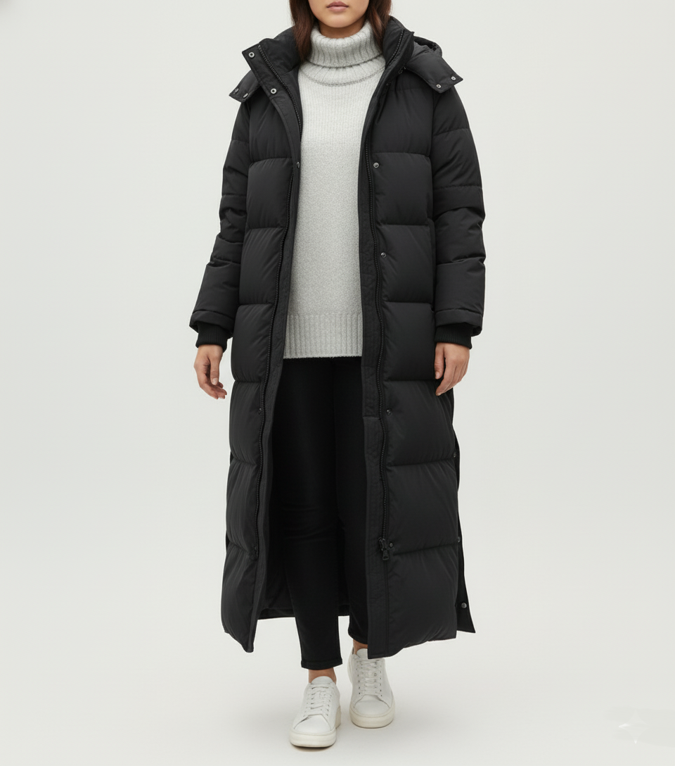 Women's Extra Long Quilted Maxi Coat with Hood