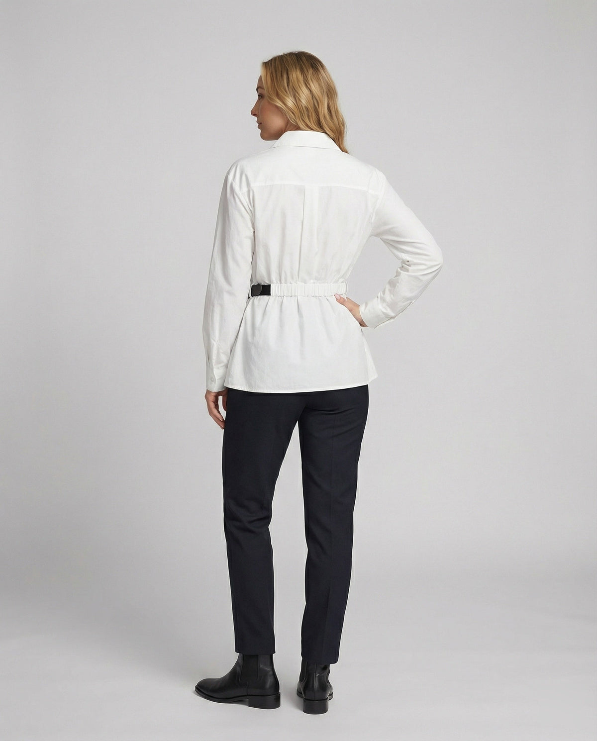 Women's White Oversized Long-Sleeve Shirt with Tie Belt