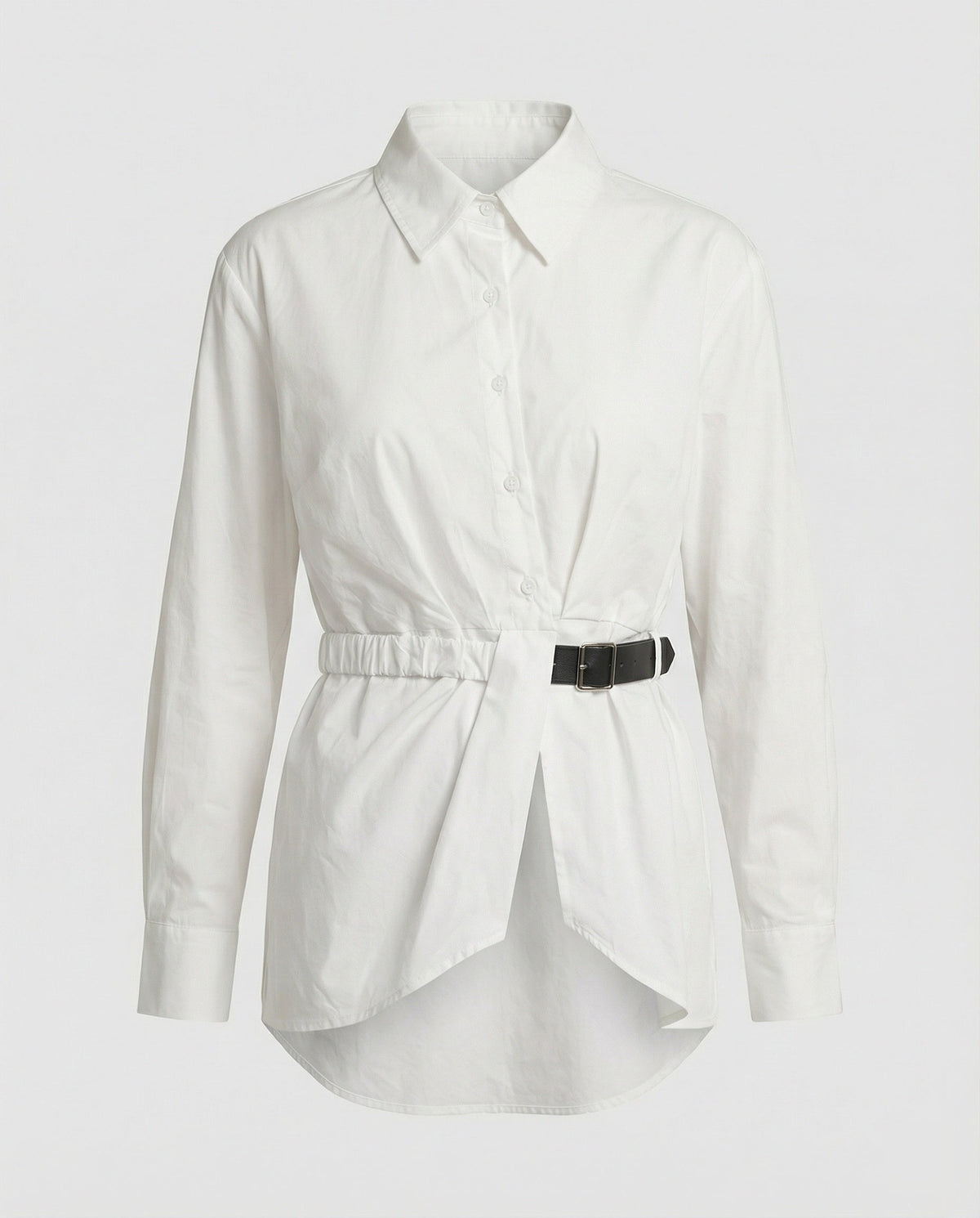 Women's White Oversized Long-Sleeve Shirt with Tie Belt