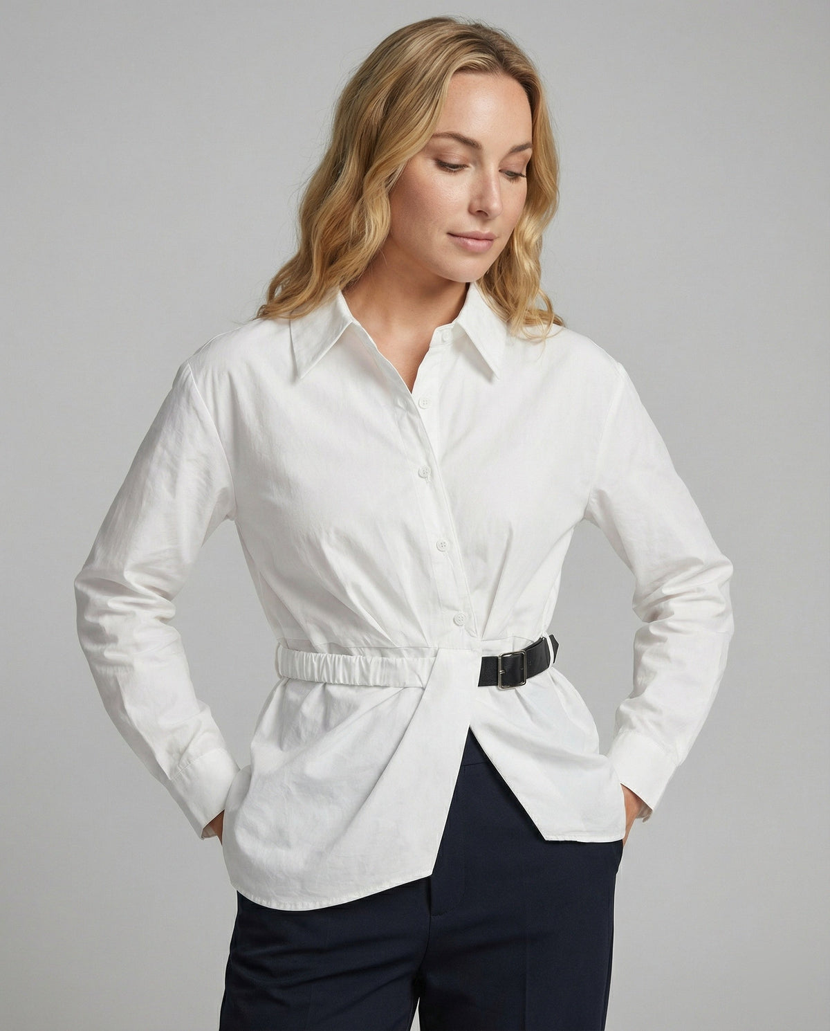 Women's White Oversized Long-Sleeve Shirt with Tie Belt