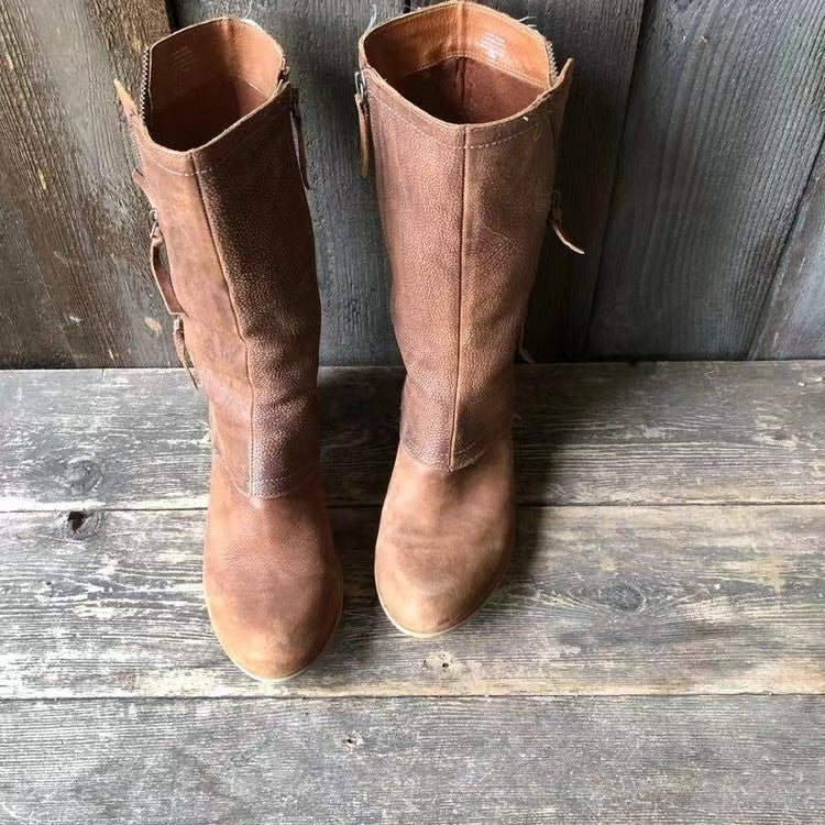 Women's Mid-Calf Brown Leather Boots with Zipper