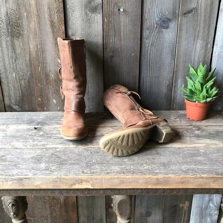Women's Mid-Calf Brown Leather Boots with Zipper