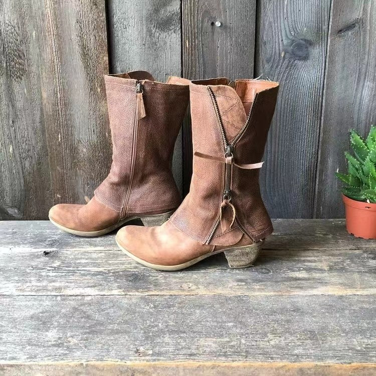 Women's Mid-Calf Brown Leather Boots with Zipper