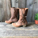 Women's Mid-Calf Brown Leather Boots with Zipper