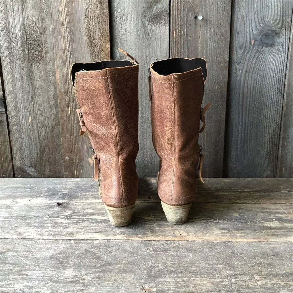 Women's Mid-Calf Brown Leather Boots with Zipper