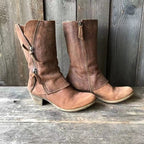 Women's Mid-Calf Brown Leather Boots with Zipper