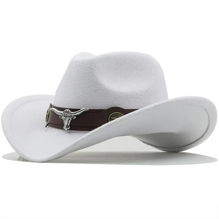 Western-Style Felt Hat with Bull Buckle Band