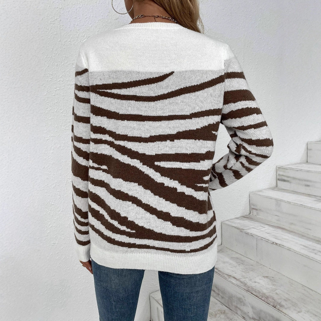Women's Cozy Knit Sweater with Modern Zebra Stripe Pattern and Comfortable Fit