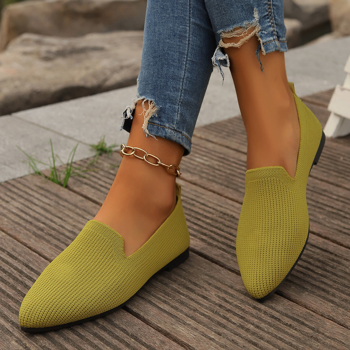 Women's Breathable Knit Slip-Ons with V-Neck Detail
