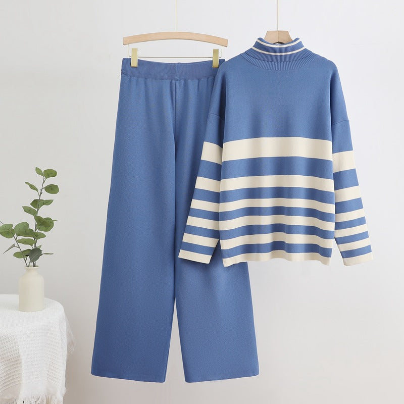 Women's Knit Loungewear Set with High Collar and Stripes
