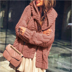 Women's Chunky Knit Cardigan with Plaid Pattern and Oversized Cut