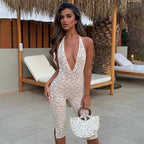 Elegant Lace Jumpsuit with Deep V-Neck and Side Slits