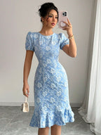 Women's Floral Lace Midi Dress with Ruffle Hem