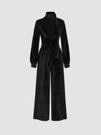 Women's Elegant Velvet Jumpsuit with Collar and Wide Leg
