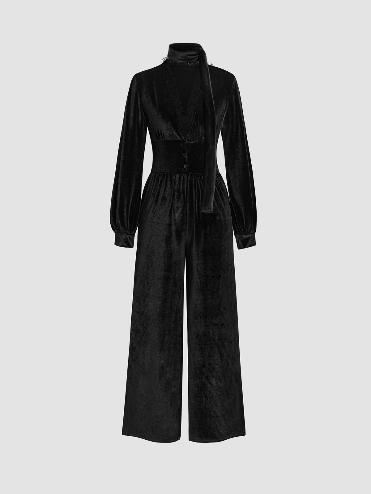 Women's Elegant Velvet Jumpsuit with Collar and Wide Leg