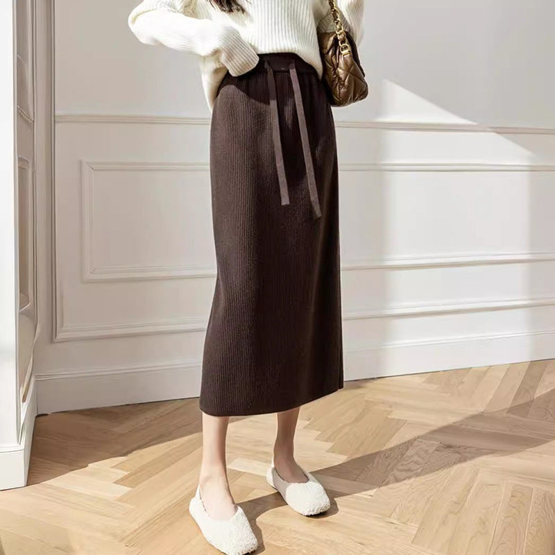 Women's Midi Skirt with Waist Tie and Ribbed Design