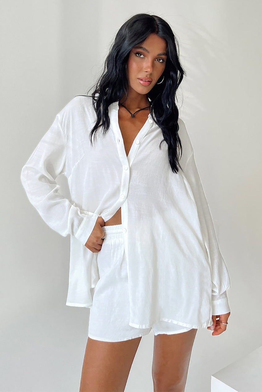 Women's Loungewear Set with Casual Button-Up Blouse and Comfortable Shorts