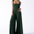 Elegant Jersey Jumpsuit with Wide Legs and Deep Neckline