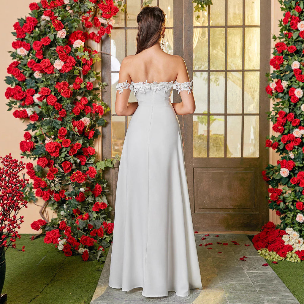 Women's Elegant Evening Dress with Off-Shoulder Sleeves and High Slit