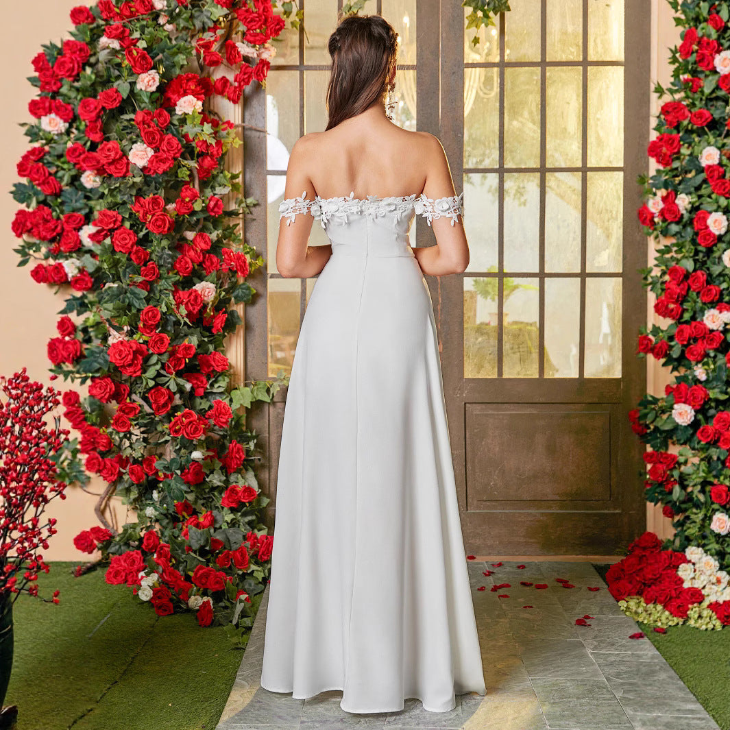 Women's Elegant Evening Dress with Off-Shoulder Sleeves and High Slit