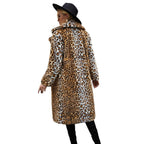 Women's Long Leopard Print Coat with Soft Faux Fur