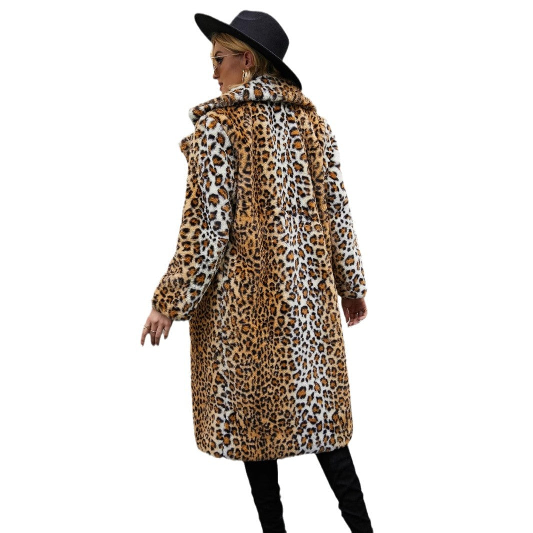 Women's Long Leopard Print Coat with Soft Faux Fur