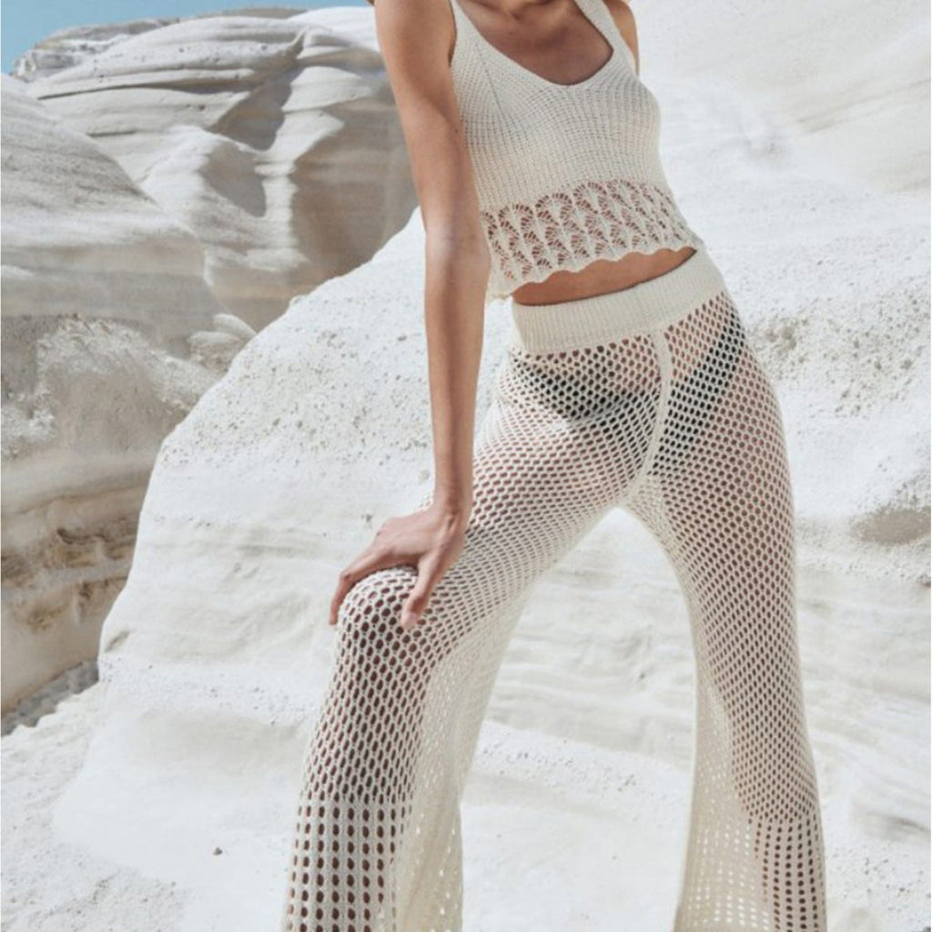 Women's Airy Cropped Crochet Top and High-Waisted Mesh Pants