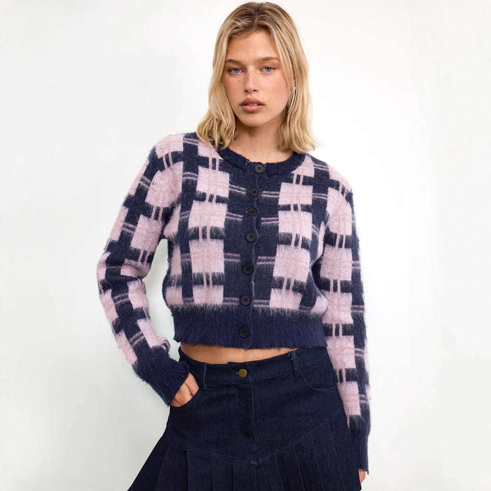 Women's Cropped Plaid Cardigan