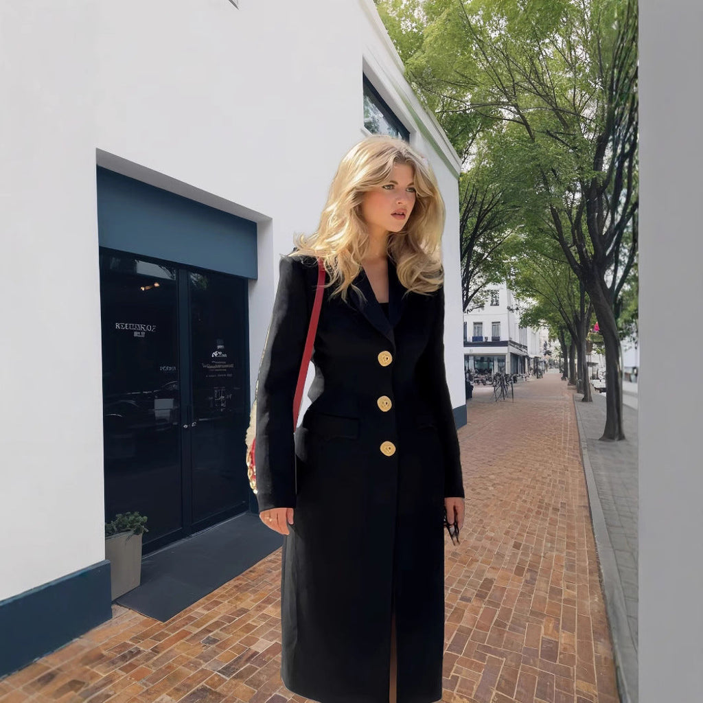 Elegant Long Coat with Gold Buttons and Classic Cut
