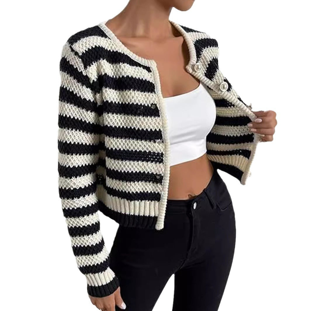 Women's Striped Cardigan with Decorative Buttons